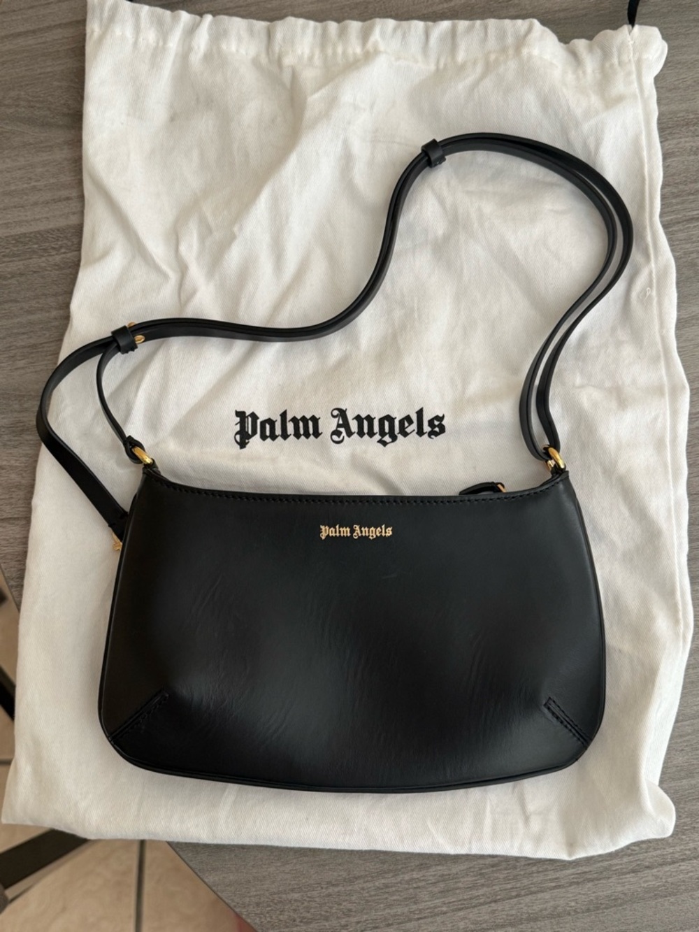 Palm Angels Black Smooth Leather Crossbody Shoulder Bag with Gold Logo